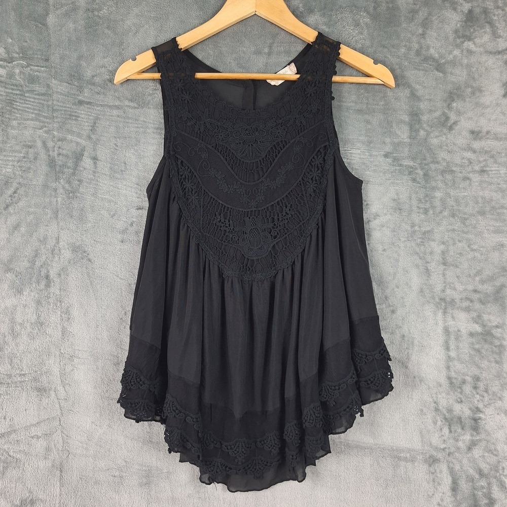 Womens Top Small Black Whimsigoth Fairy Grunge Crochet Boho Asymmetrical Flowy